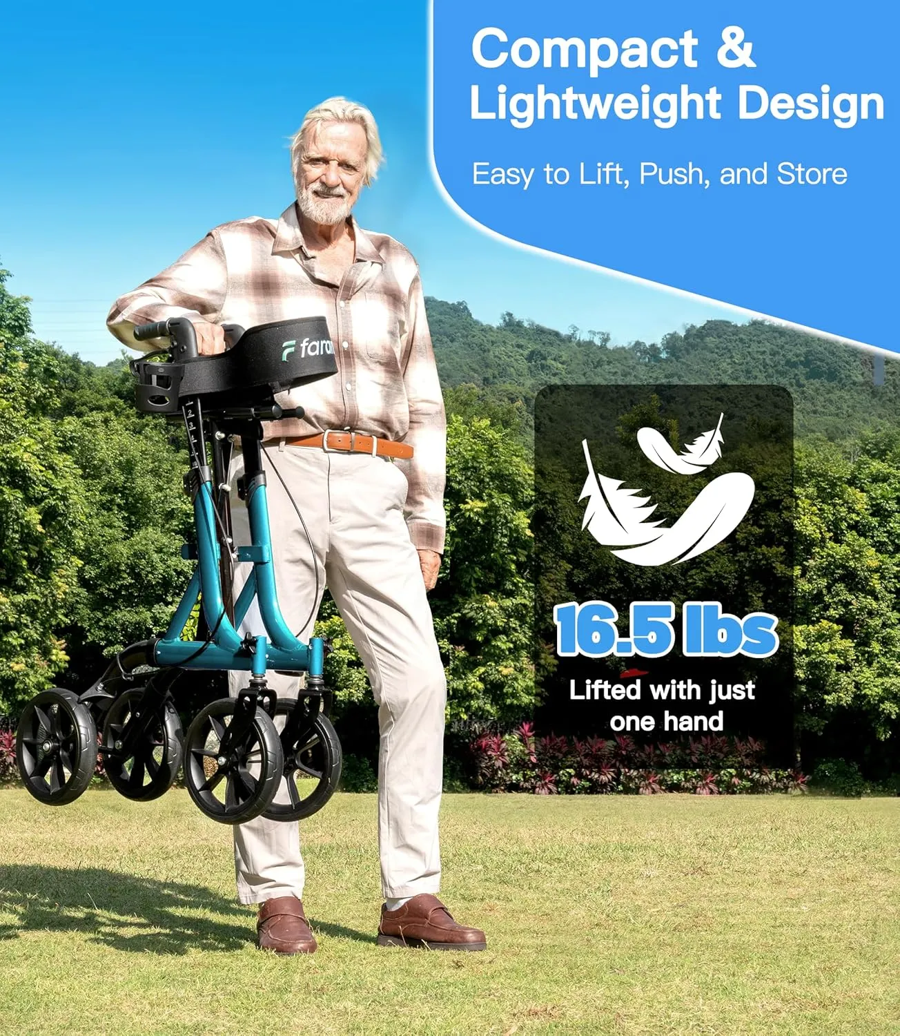 Farani All Terrain Walkers for Seniors - 10" Big Wheels, Compact Size Lightweight Foldable Rolling Walker with Seat, Reinforced Triangular Frame Rollator with Cup Holder, 300lbs Weight Capacity