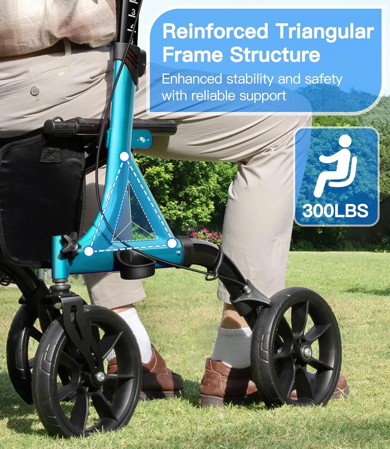 Farani All Terrain Walkers for Seniors - 10" Big Wheels, Compact Size Lightweight Foldable Rolling Walker with Seat, Reinforced Triangular Frame Rollator with Cup Holder, 300lbs Weight Capacity