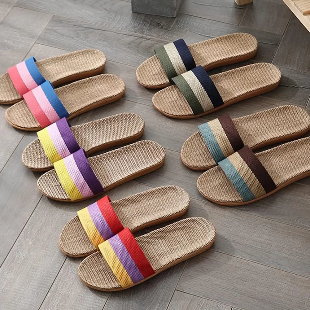 Fashion Unisex Linen Summer Beach Shoes Anti-Slip House Slippers Breathable Open Toe Flat Sandals Lightweight Spa Bath Slides (Color : Coffee, Size : 10 US)