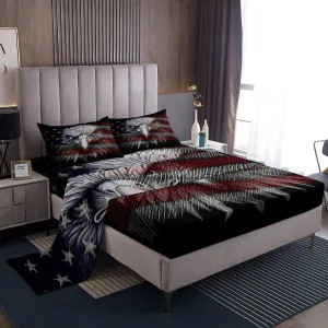 Feelyou American Flag Eagle Fitted Sheet Cute Eagle USA Flag Bed Sheet Set for Kids Children Teens Independence Eagle Day Bedding Set Black Color Bed Cover Bedroom Decor Bedding Sheet Twin Size 3Pcs