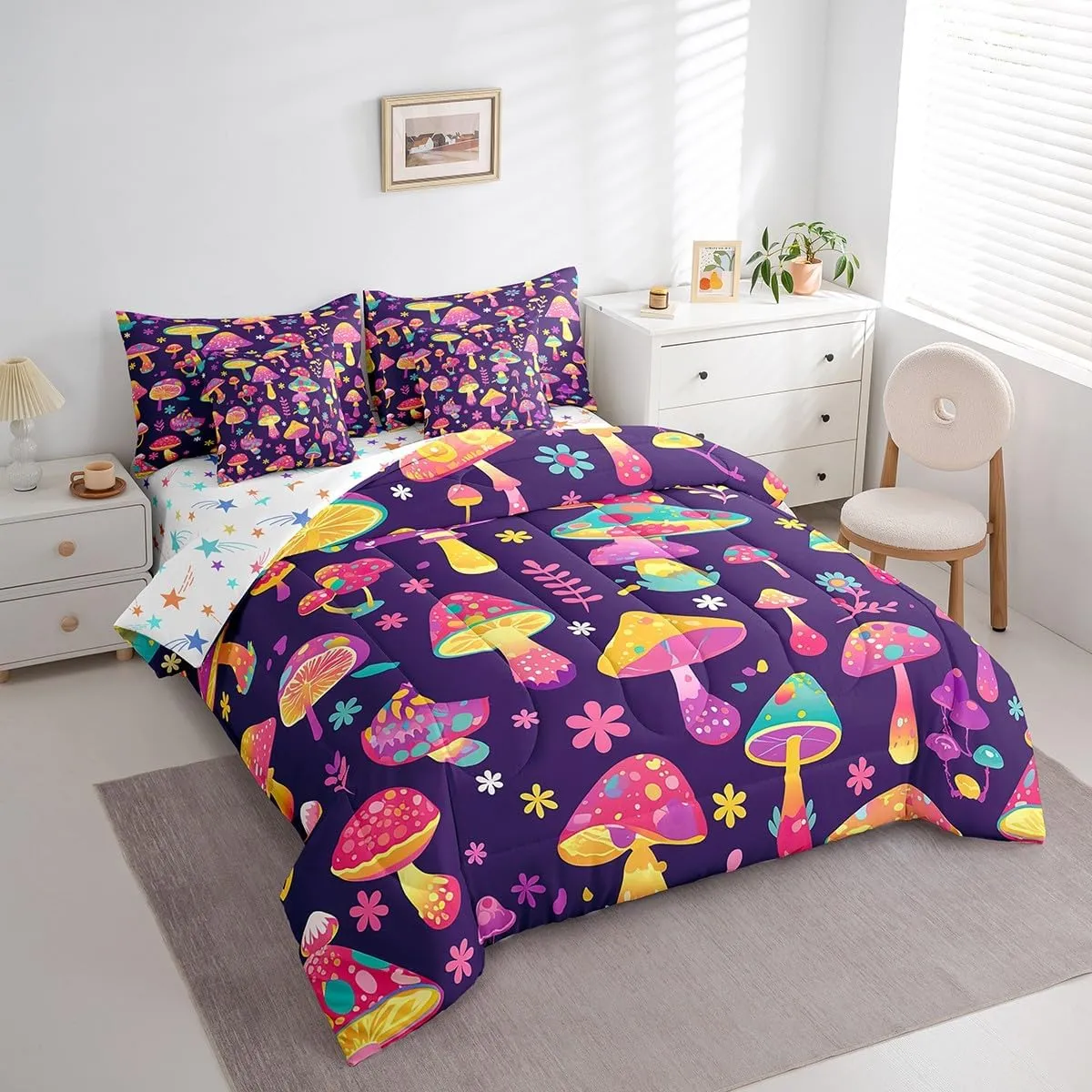 Feelyou Kids Cute Mushroom Comforter Set with Sheets Queen Size, West Bohemian 7 Pieces Bedding Set Boys Girls Boho Mushrooms Bed in A Bag Kawaii Fungus Teens Bed Set Bedroom Decor 7Pcs