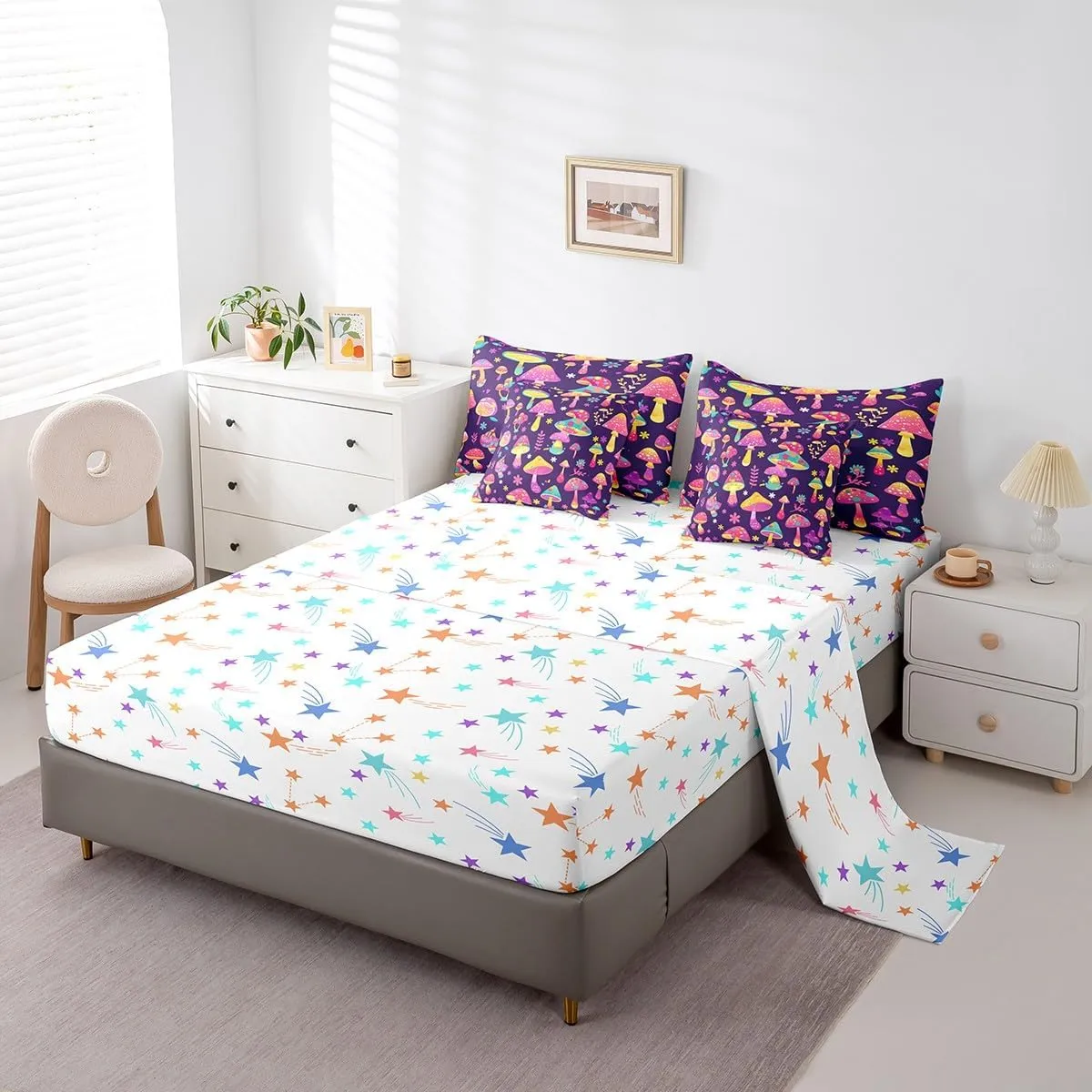Feelyou Kids Cute Mushroom Comforter Set with Sheets Queen Size, West Bohemian 7 Pieces Bedding Set Boys Girls Boho Mushrooms Bed in A Bag Kawaii Fungus Teens Bed Set Bedroom Decor 7Pcs