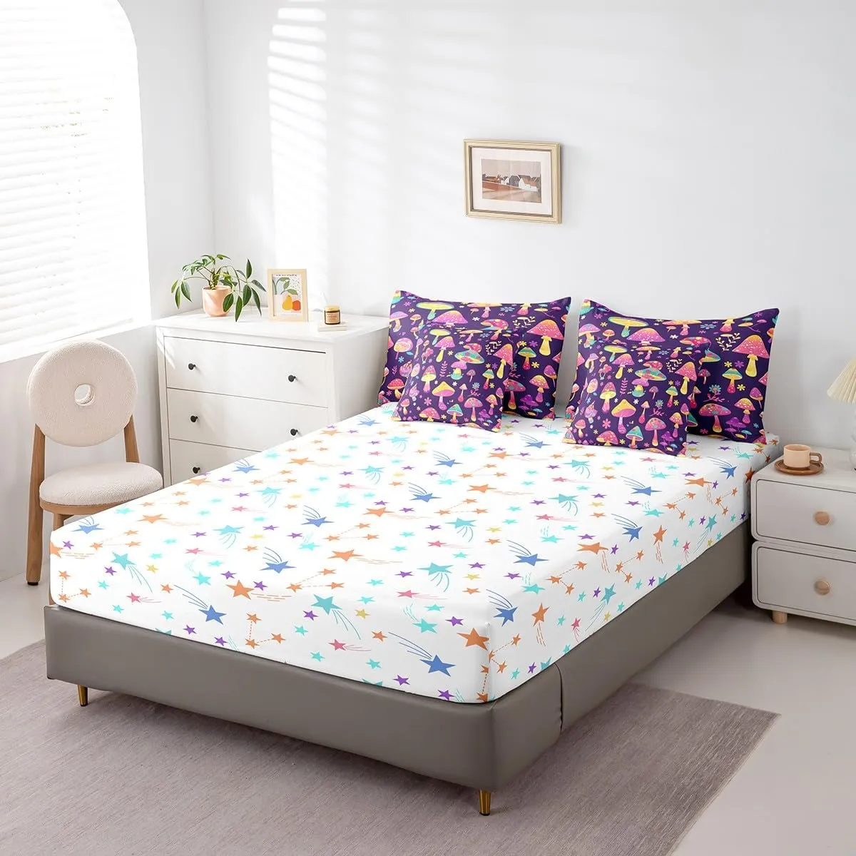Feelyou Kids Cute Mushroom Comforter Set with Sheets Queen Size, West Bohemian 7 Pieces Bedding Set Boys Girls Boho Mushrooms Bed in A Bag Kawaii Fungus Teens Bed Set Bedroom Decor 7Pcs