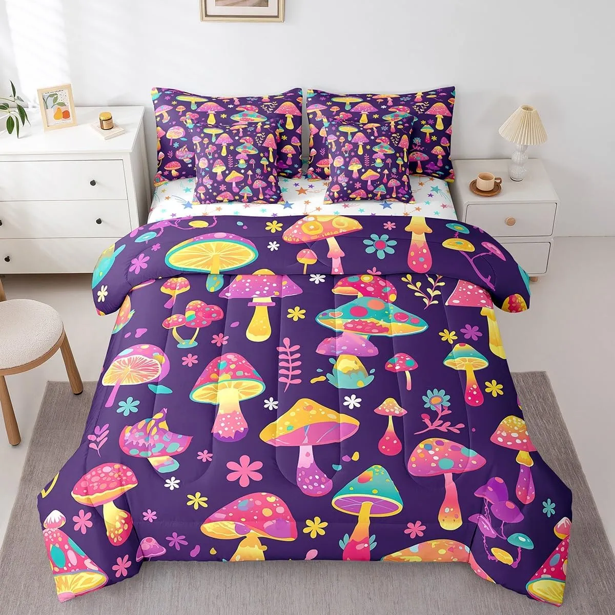 Feelyou Kids Cute Mushroom Comforter Set with Sheets Queen Size, West Bohemian 7 Pieces Bedding Set Boys Girls Boho Mushrooms Bed in A Bag Kawaii Fungus Teens Bed Set Bedroom Decor 7Pcs
