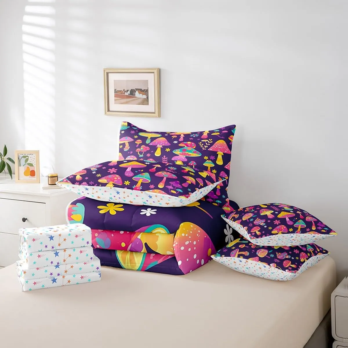 Feelyou Kids Cute Mushroom Comforter Set with Sheets Queen Size, West Bohemian 7 Pieces Bedding Set Boys Girls Boho Mushrooms Bed in A Bag Kawaii Fungus Teens Bed Set Bedroom Decor 7Pcs