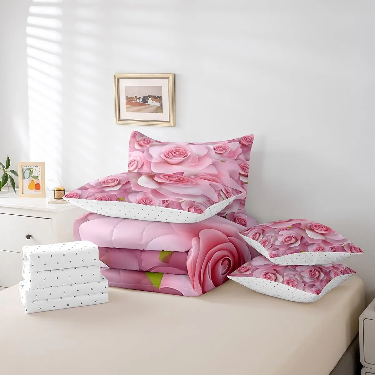 Feelyou Pink Rose Comforter Set with Sheets Queen Size Kids Rose Floral Flower 7 Pieces Bedding Set Boys Girls Teens Rose Floral Flower Bed in a Bag Breathable Romantic Bed Set Valentine's Day