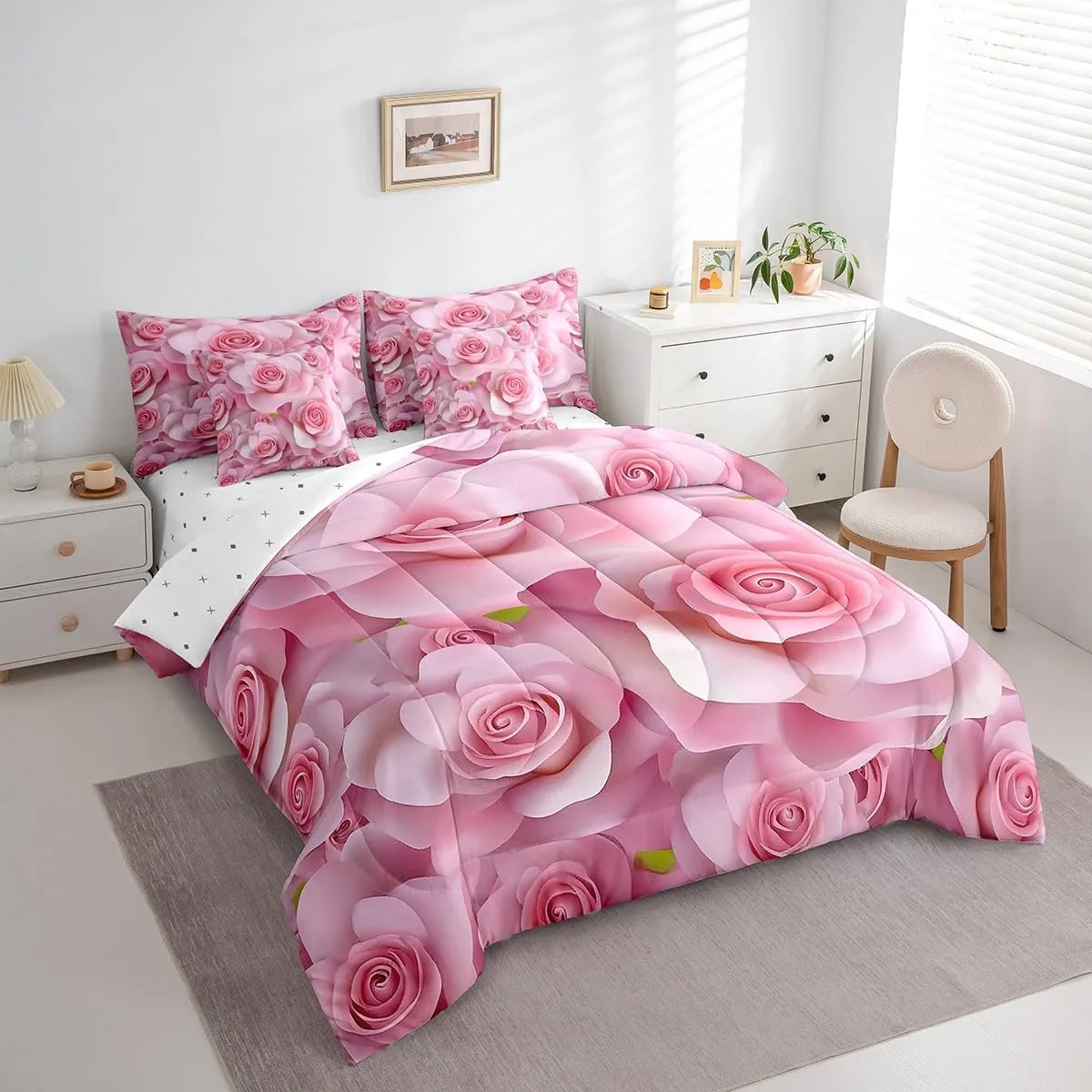 Feelyou Pink Rose Comforter Set with Sheets Queen Size Kids Rose Floral Flower 7 Pieces Bedding Set Boys Girls Teens Rose Floral Flower Bed in a Bag Breathable Romantic Bed Set Valentine's Day