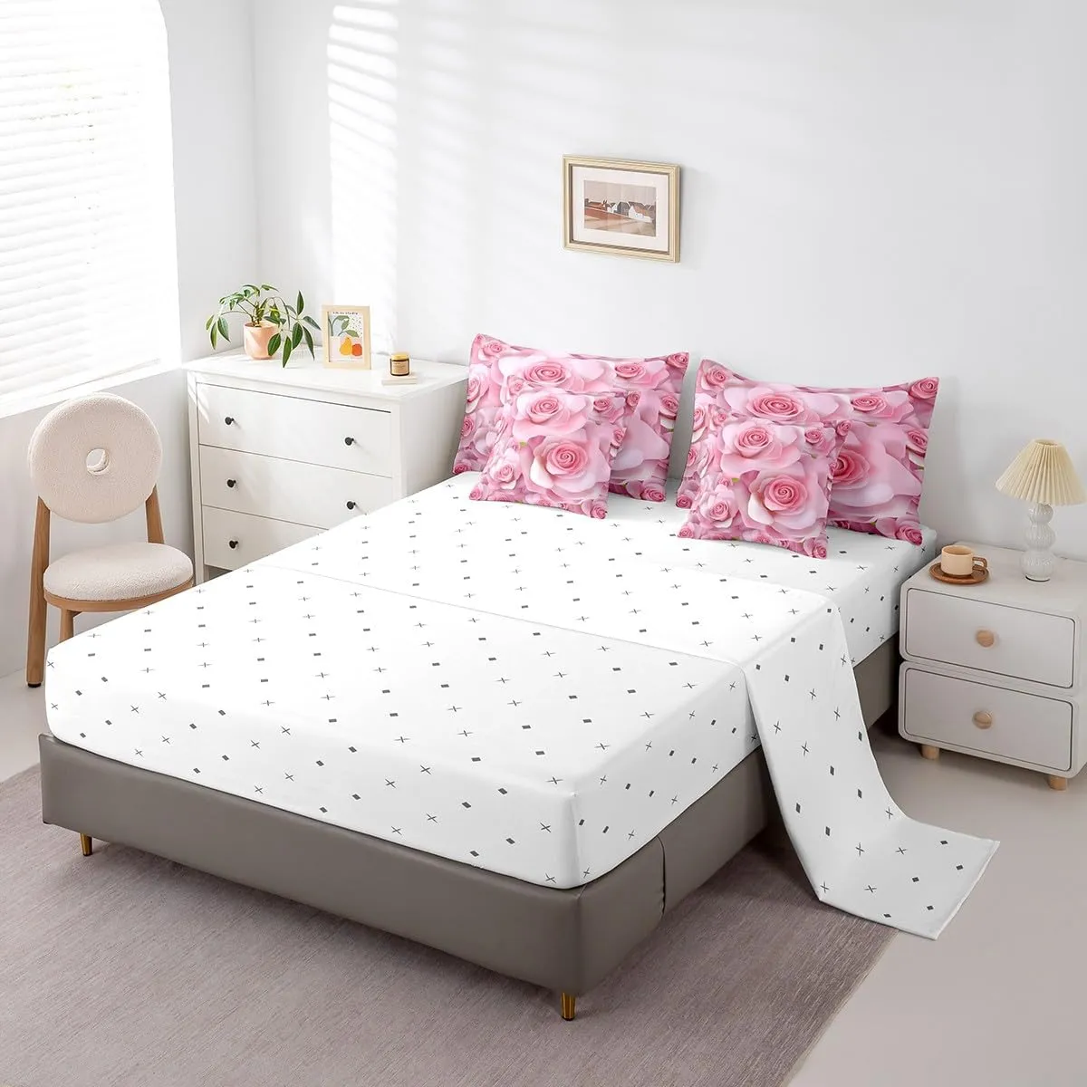 Feelyou Pink Rose Comforter Set with Sheets Queen Size Kids Rose Floral Flower 7 Pieces Bedding Set Boys Girls Teens Rose Floral Flower Bed in a Bag Breathable Romantic Bed Set Valentine's Day