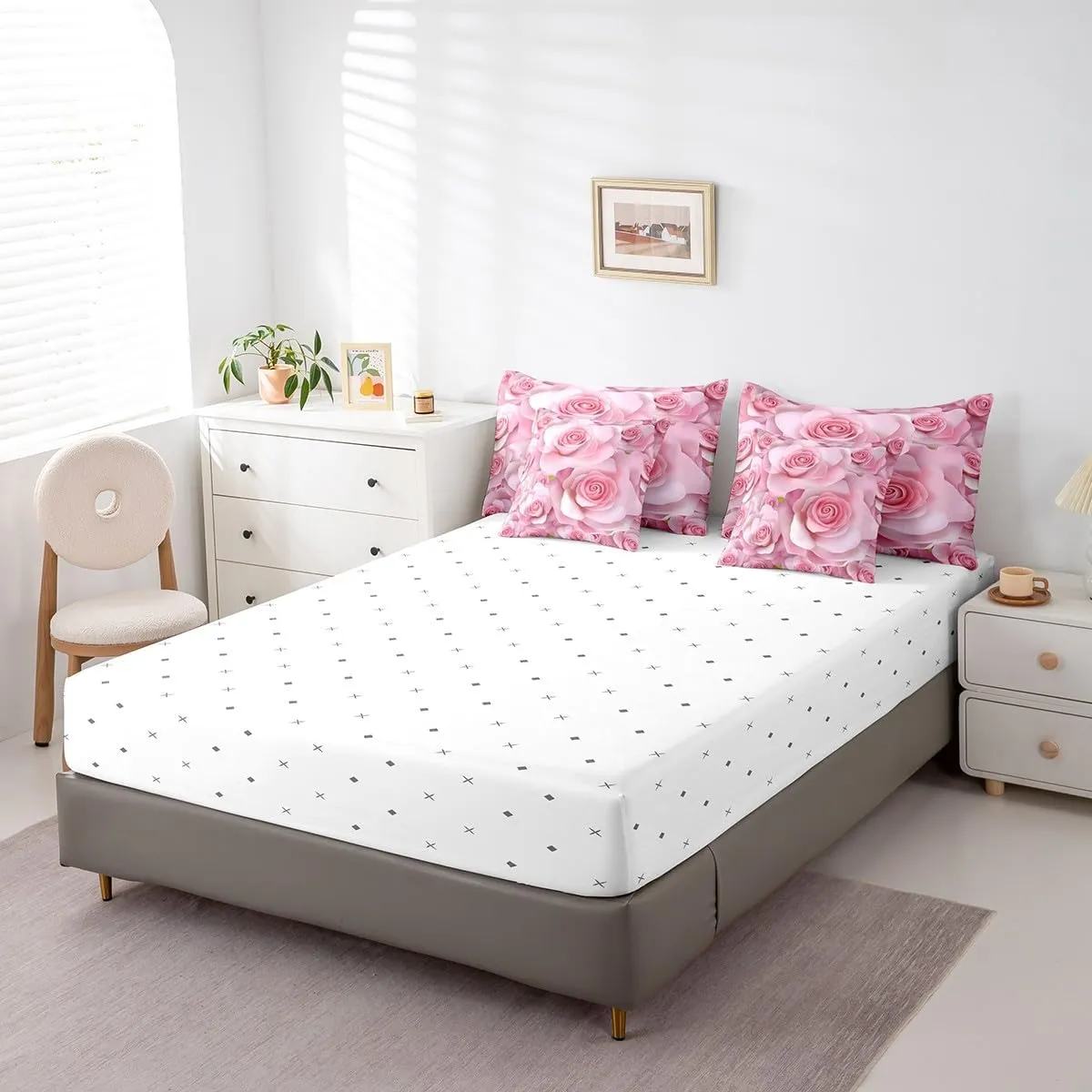 Feelyou Pink Rose Comforter Set with Sheets Queen Size Kids Rose Floral Flower 7 Pieces Bedding Set Boys Girls Teens Rose Floral Flower Bed in a Bag Breathable Romantic Bed Set Valentine's Day