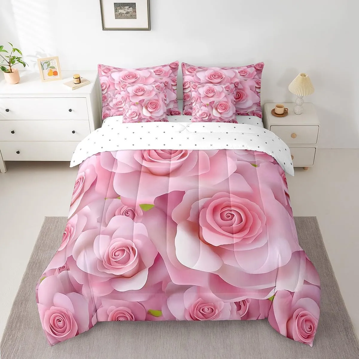Feelyou Pink Rose Comforter Set with Sheets Queen Size Kids Rose Floral Flower 7 Pieces Bedding Set Boys Girls Teens Rose Floral Flower Bed in a Bag Breathable Romantic Bed Set Valentine's Day