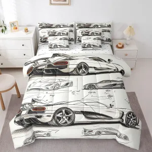 Feelyou Race Car Comforter Set with Sheets Twin Size Kids Speed Sports Car Manuscript 7 Pieces Bedding Set for Boys Girls Teens Racing Car Line Bed in a Bag Breathable Extreme Sports Bed Set
