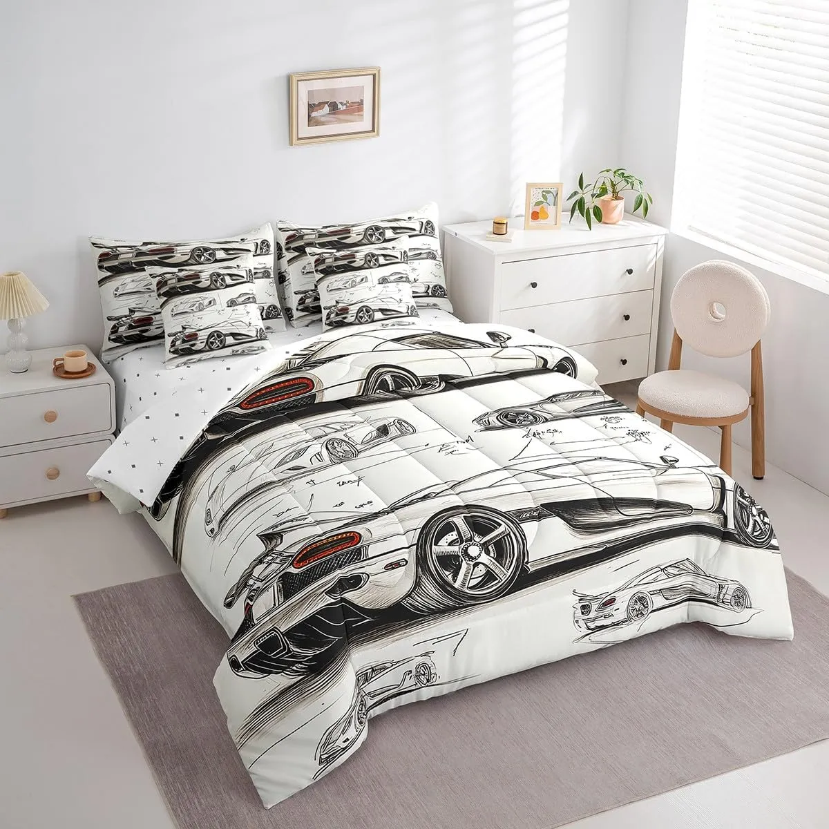 Feelyou Race Car Comforter Set with Sheets Twin Size Kids Speed Sports Car Manuscript 7 Pieces Bedding Set for Boys Girls Teens Racing Car Line Bed in a Bag Breathable Extreme Sports Bed Set