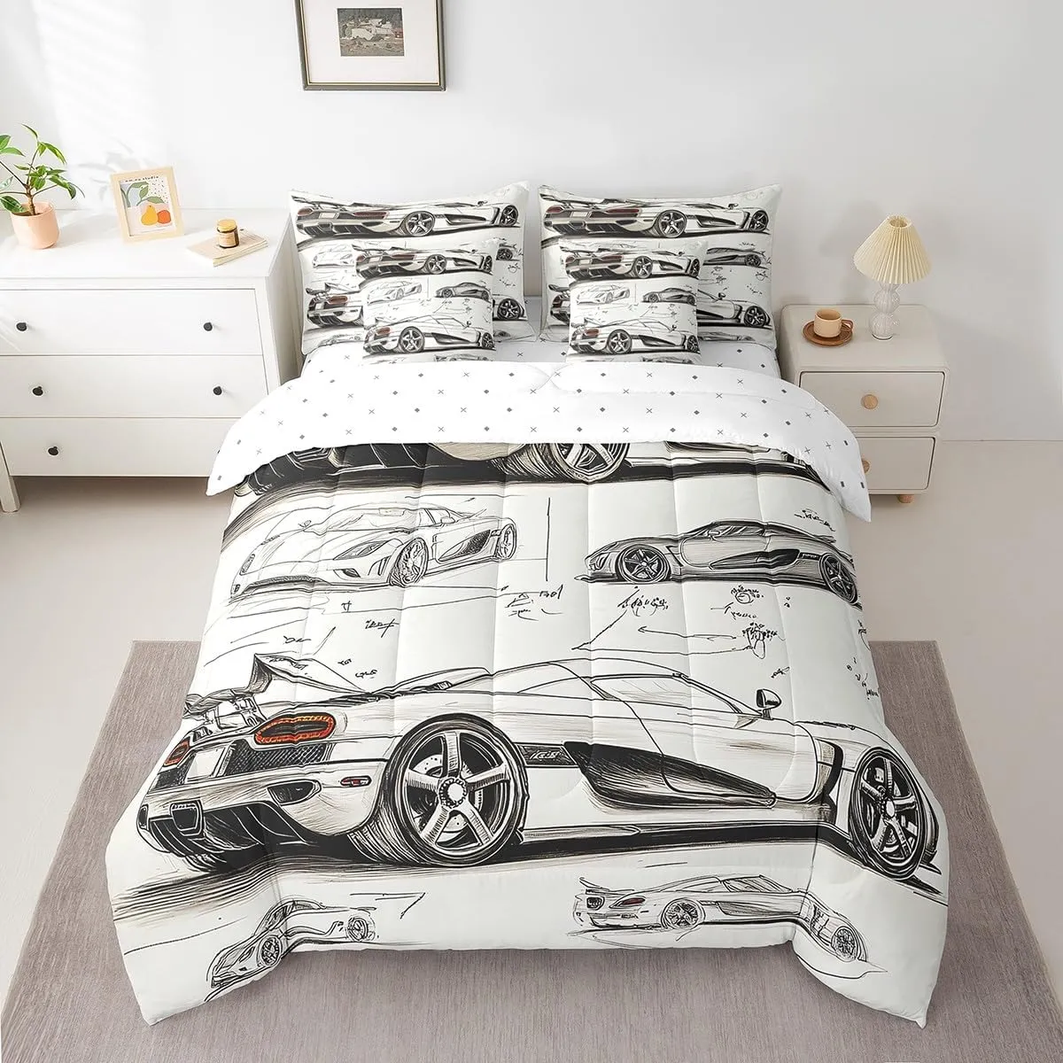 Feelyou Race Car Comforter Set with Sheets Twin Size Kids Speed Sports Car Manuscript 7 Pieces Bedding Set for Boys Girls Teens Racing Car Line Bed in a Bag Breathable Extreme Sports Bed Set