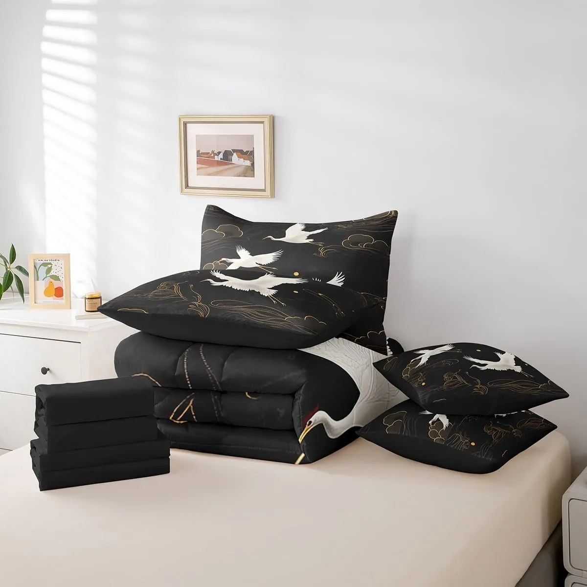 Feelyou Red-Crowned Crane Comforter Set with Sheets King Size Kids Auspicious Clouds 7 Pieces Bedding Set for Boys Girls Teens Chinese Oriental Traditional Culture Bed in a Bag Breathable Bed Set