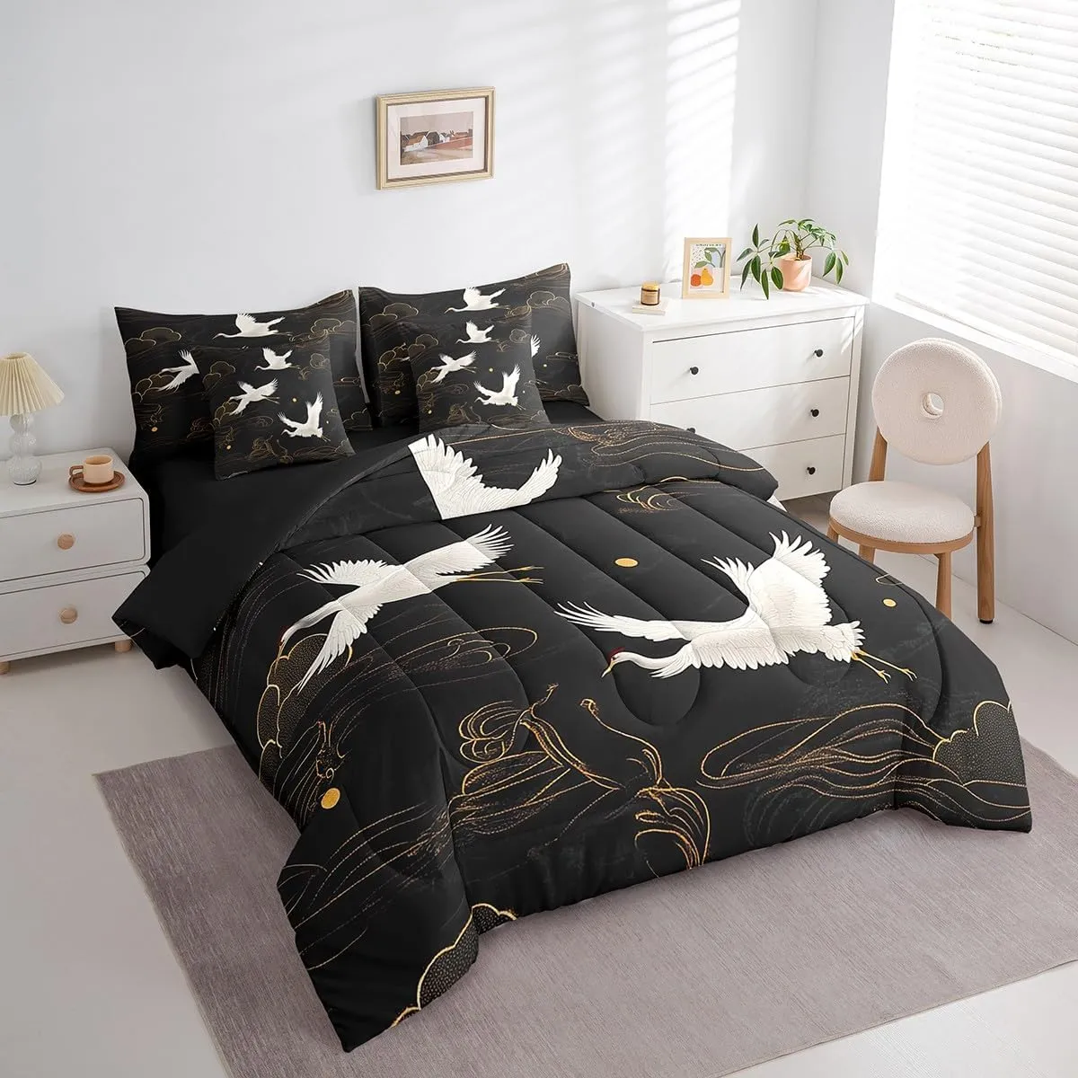 Feelyou Red-Crowned Crane Comforter Set with Sheets King Size Kids Auspicious Clouds 7 Pieces Bedding Set for Boys Girls Teens Chinese Oriental Traditional Culture Bed in a Bag Breathable Bed Set