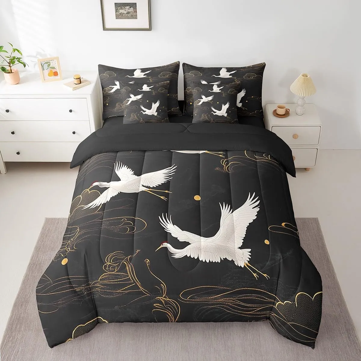 Feelyou Red-Crowned Crane Comforter Set with Sheets King Size Kids Auspicious Clouds 7 Pieces Bedding Set for Boys Girls Teens Chinese Oriental Traditional Culture Bed in a Bag Breathable Bed Set