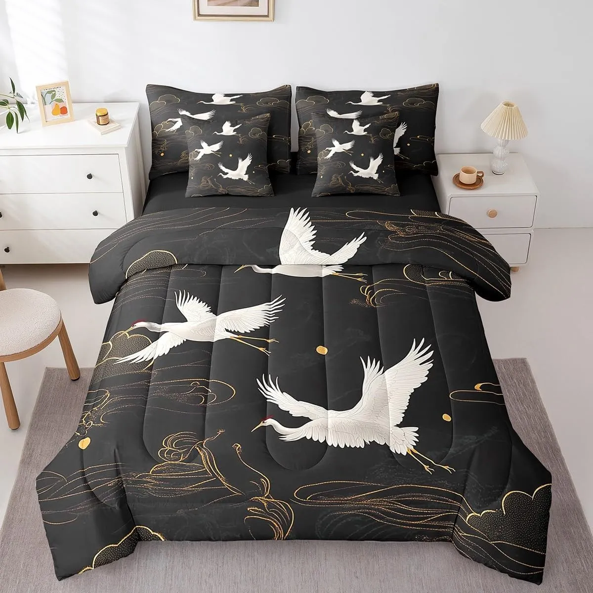 Feelyou Red-Crowned Crane Comforter Set with Sheets King Size Kids Auspicious Clouds 7 Pieces Bedding Set for Boys Girls Teens Chinese Oriental Traditional Culture Bed in a Bag Breathable Bed Set