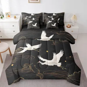 Feelyou Red-Crowned Crane Comforter Set with Sheets King Size Kids Auspicious Clouds 7 Pieces Bedding Set for Boys Girls Teens Chinese Oriental Traditional Culture Bed in a Bag Breathable Bed Set