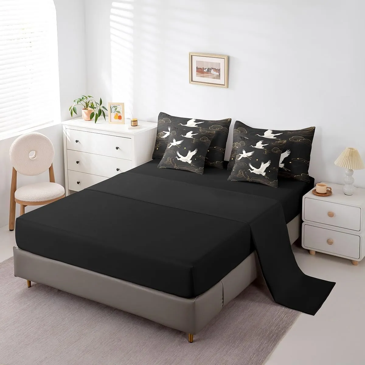 Feelyou Red-Crowned Crane Comforter Set with Sheets King Size Kids Auspicious Clouds 7 Pieces Bedding Set for Boys Girls Teens Chinese Oriental Traditional Culture Bed in a Bag Breathable Bed Set