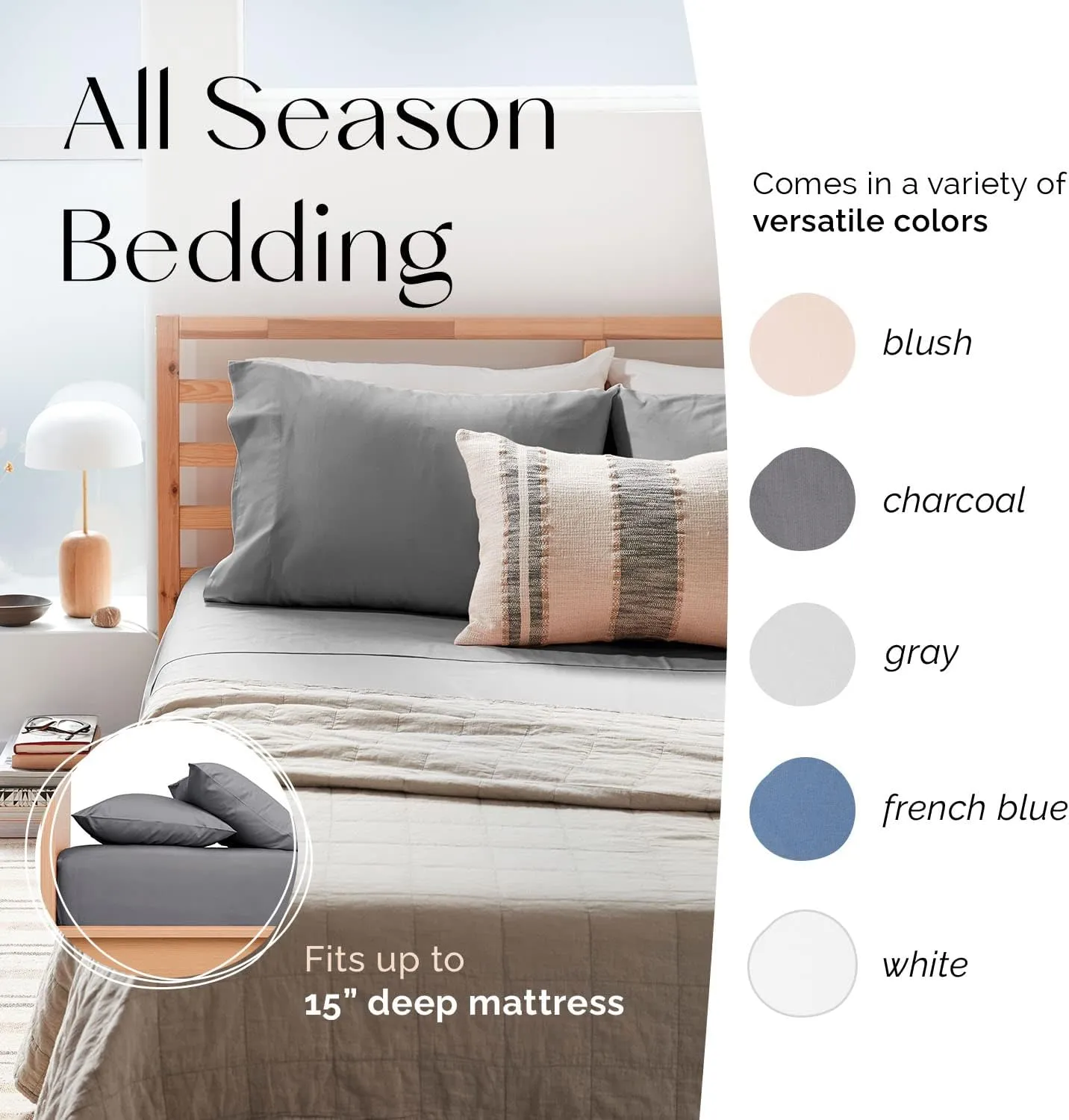 Five Looms 4 Piece Everyday Percale Sheets Set, 100% Cotton with Deep Pocket 15”, Easy Care Natural and Breathable Crisp Cooling Sheets Set, Fitted Sheet, Flat Sheet and 2 Pillowcases, Queen, Charcoal