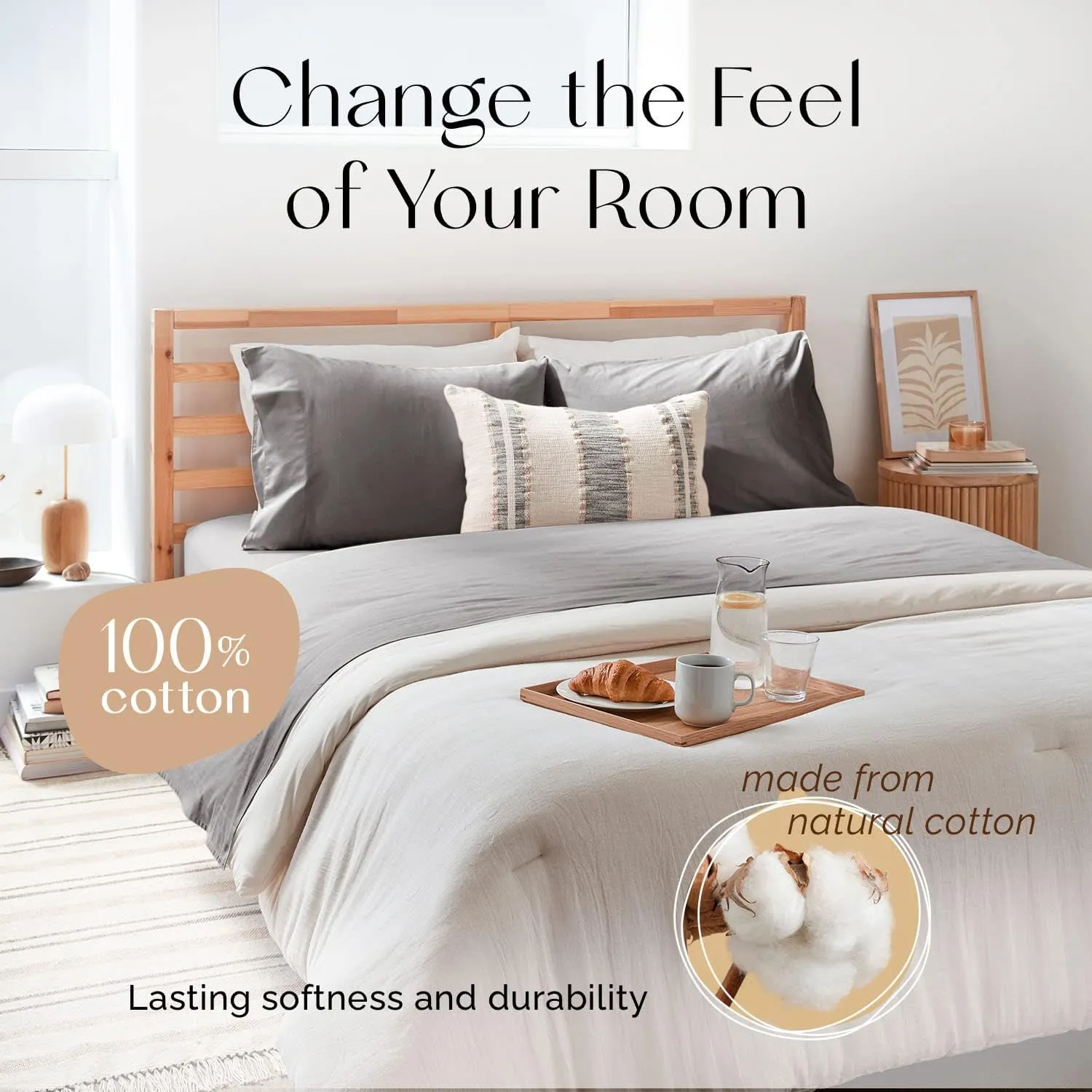 Five Looms 4 Piece Everyday Percale Sheets Set, 100% Cotton with Deep Pocket 15”, Easy Care Natural and Breathable Crisp Cooling Sheets Set, Fitted Sheet, Flat Sheet and 2 Pillowcases, Queen, Charcoal