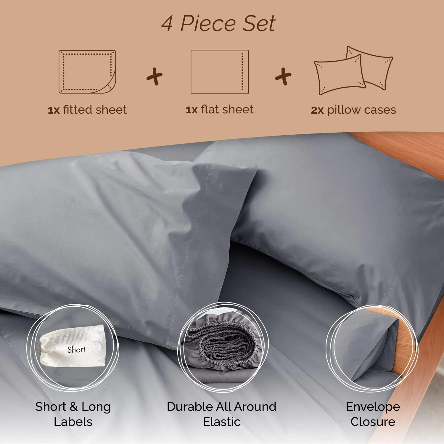 Five Looms 4 Piece Everyday Percale Sheets Set, 100% Cotton with Deep Pocket 15”, Easy Care Natural and Breathable Crisp Cooling Sheets Set, Fitted Sheet, Flat Sheet and 2 Pillowcases, Queen, Charcoal