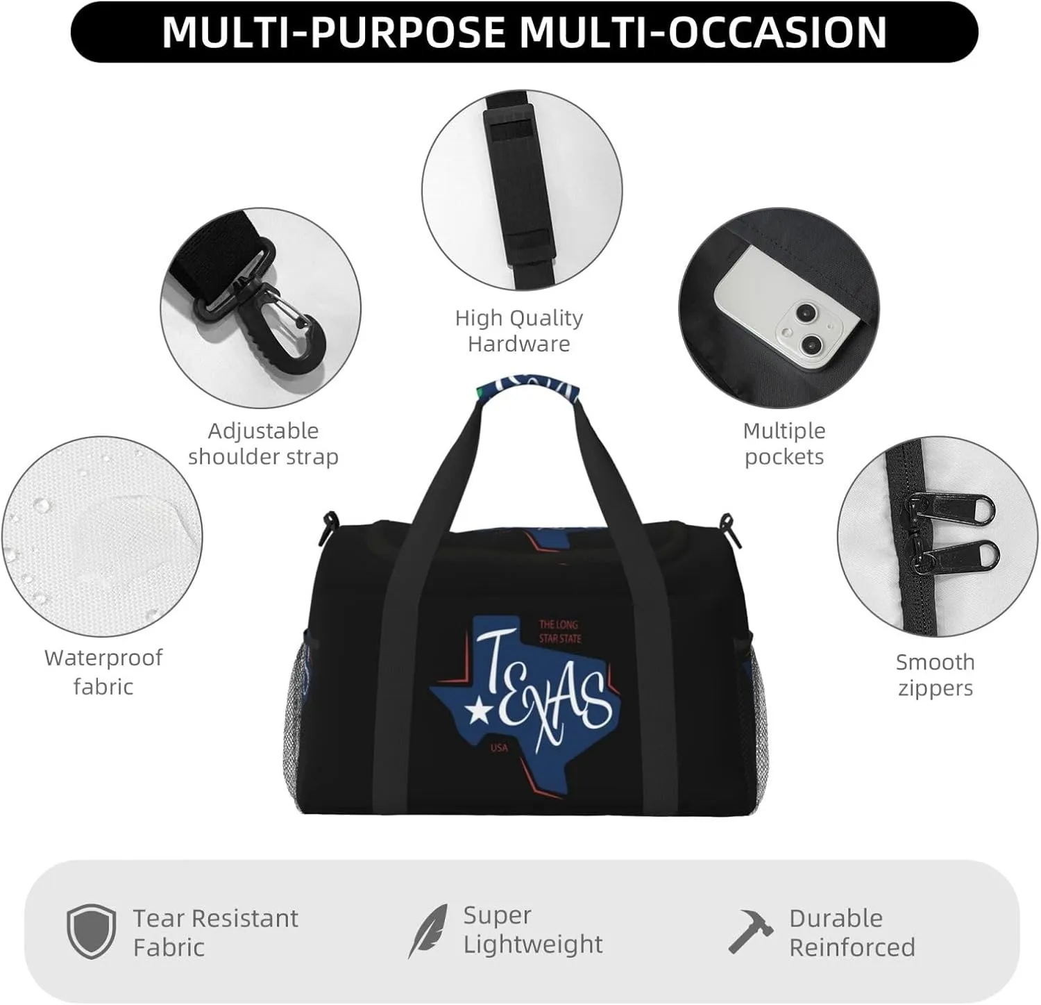 Flat Texas Map Travel Duffel Bag Large Foldable Waterproof Overnight Bag For Beach Swim Bags Pool Sports Gym