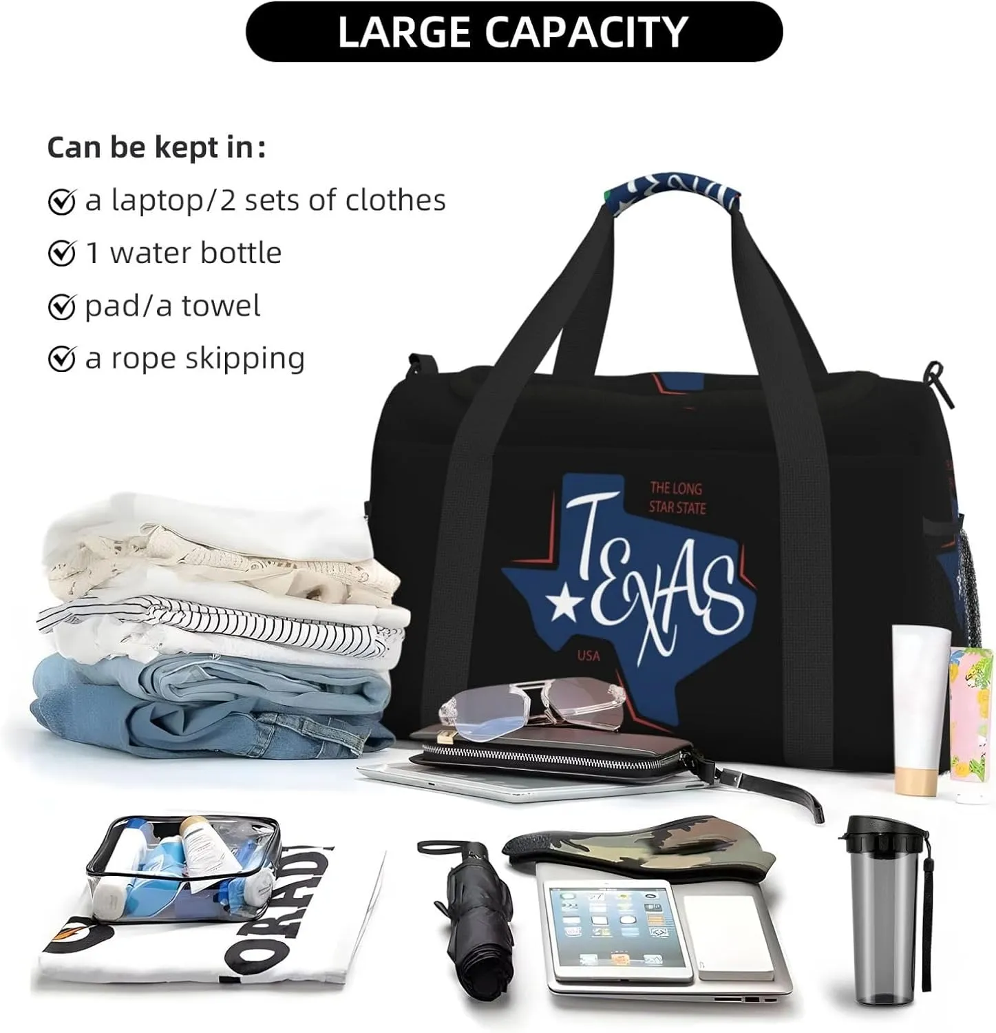 Flat Texas Map Travel Duffel Bag Large Foldable Waterproof Overnight Bag For Beach Swim Bags Pool Sports Gym