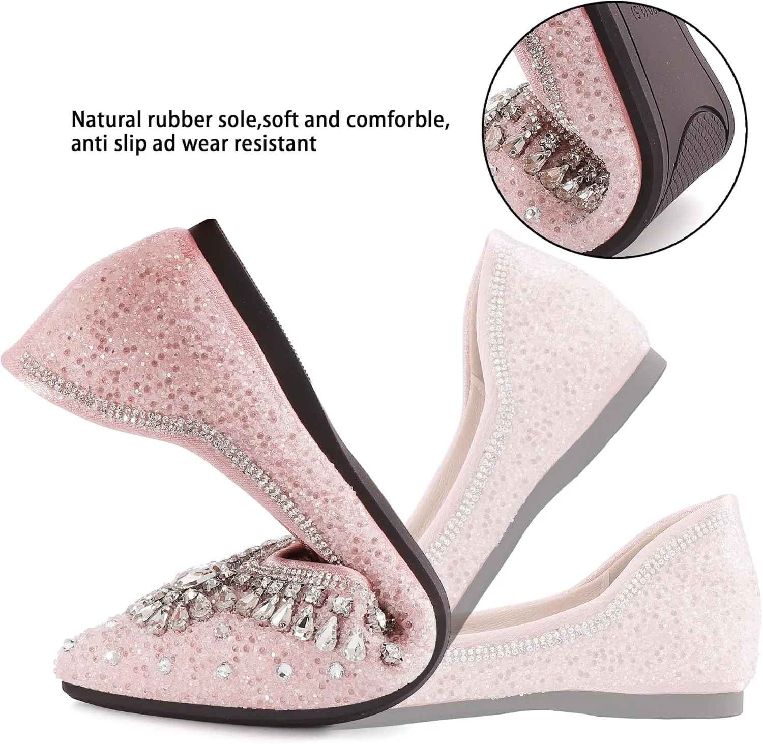 Flats Shoes Women Rhinestone Sequin Wedding Pointed Toe Dress Flat Shoes Comfortable Flats for Women Dressy