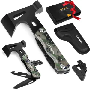 FLISSA Camping Axe Hammer Multitool, Gift for Father, Hatchet Multi Tool Camo Stainless Steel with LED Light, EDC Hiking Survival Multi Function Tool Pocket Knife with Sheath