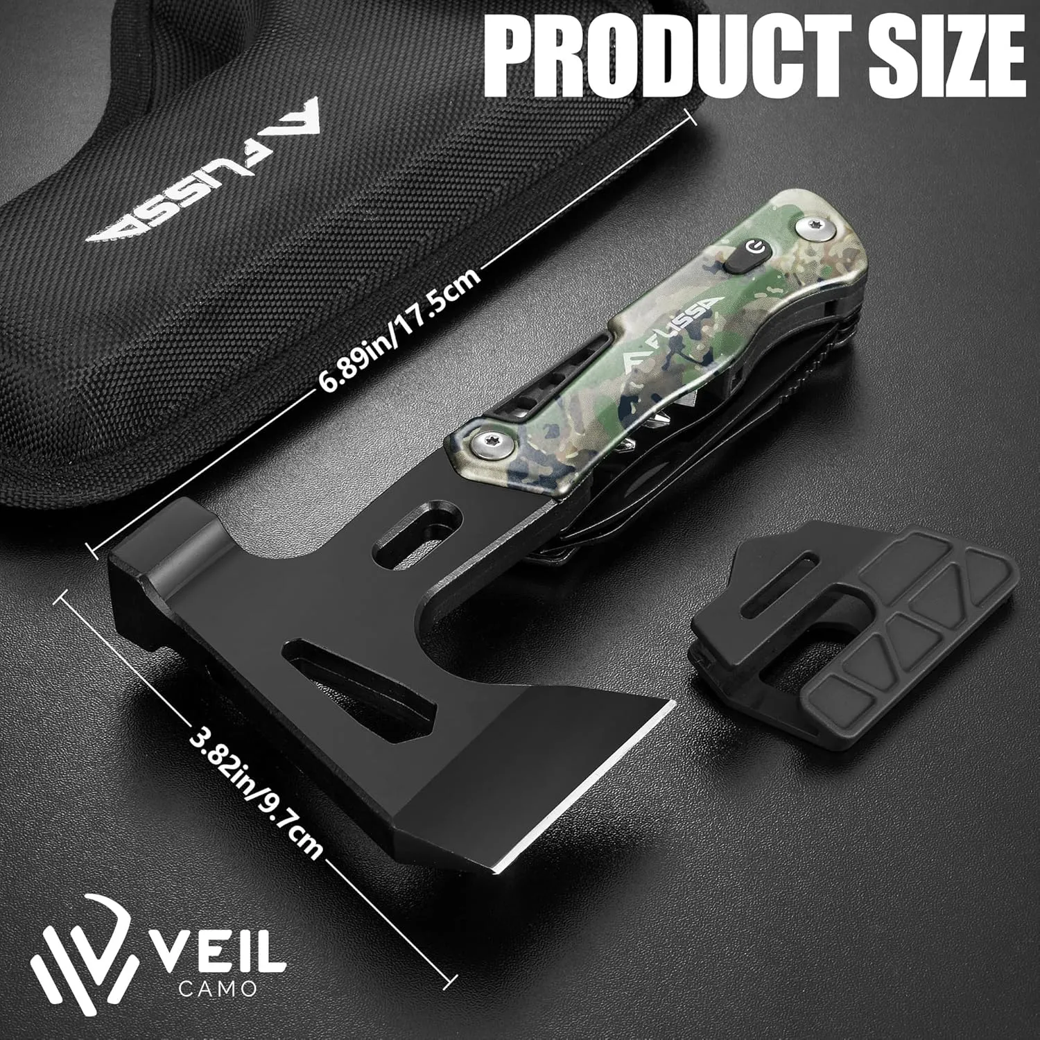 FLISSA Camping Axe Hammer Multitool, Gift for Father, Hatchet Multi Tool Camo Stainless Steel with LED Light, EDC Hiking Survival Multi Function Tool Pocket Knife with Sheath