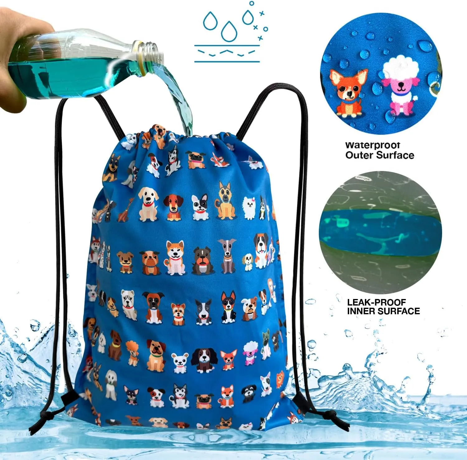 FLOCK THREE Leakproof Drawstring Backpack Sports Gym Bag Large Capacity With Pocket for Sports Gym Travel Swimming Beach (Cute Dogs)