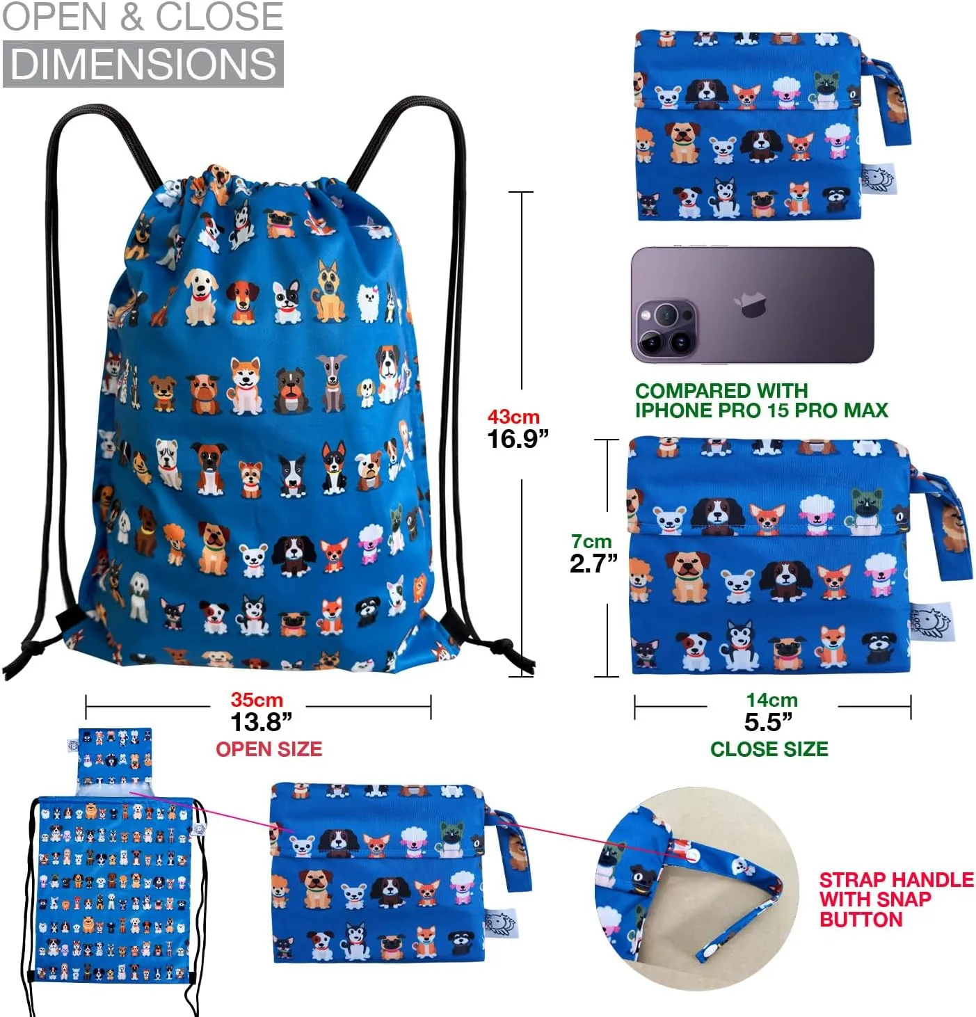 FLOCK THREE Leakproof Drawstring Backpack Sports Gym Bag Large Capacity With Pocket for Sports Gym Travel Swimming Beach (Cute Dogs)