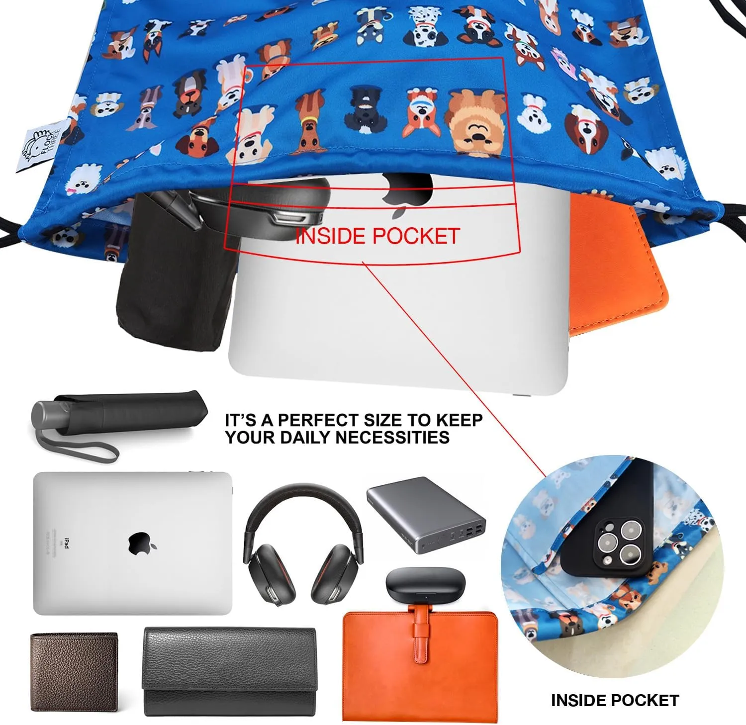 FLOCK THREE Leakproof Drawstring Backpack Sports Gym Bag Large Capacity With Pocket for Sports Gym Travel Swimming Beach (Cute Dogs)