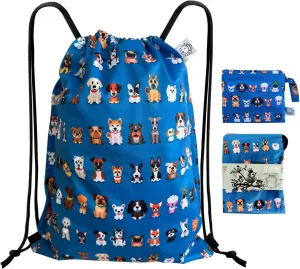 FLOCK THREE Leakproof Drawstring Backpack Sports Gym Bag Large Capacity With Pocket for Sports Gym Travel Swimming Beach (Cute Dogs)
