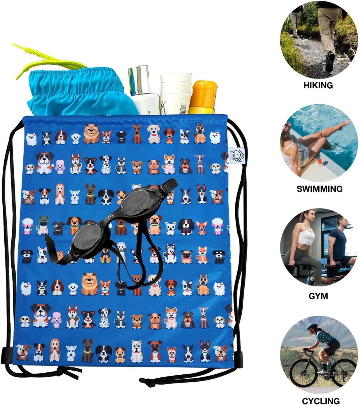 FLOCK THREE Leakproof Drawstring Backpack Sports Gym Bag Large Capacity With Pocket for Sports Gym Travel Swimming Beach (Cute Dogs)