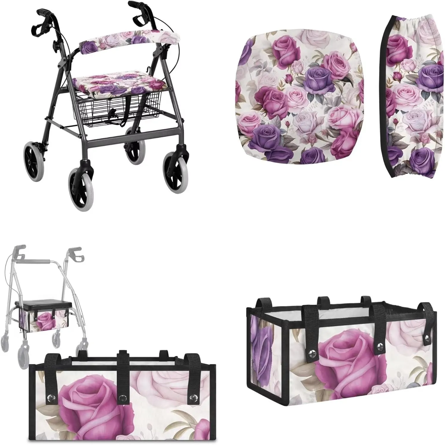 Floral Walker Seat and Back Rest Covers Ideal Gifts for Seniors in Assisted Living Large Capacity Walker Basket Walker Bag Never Tipping Over The Walker (3 Pieces Set)