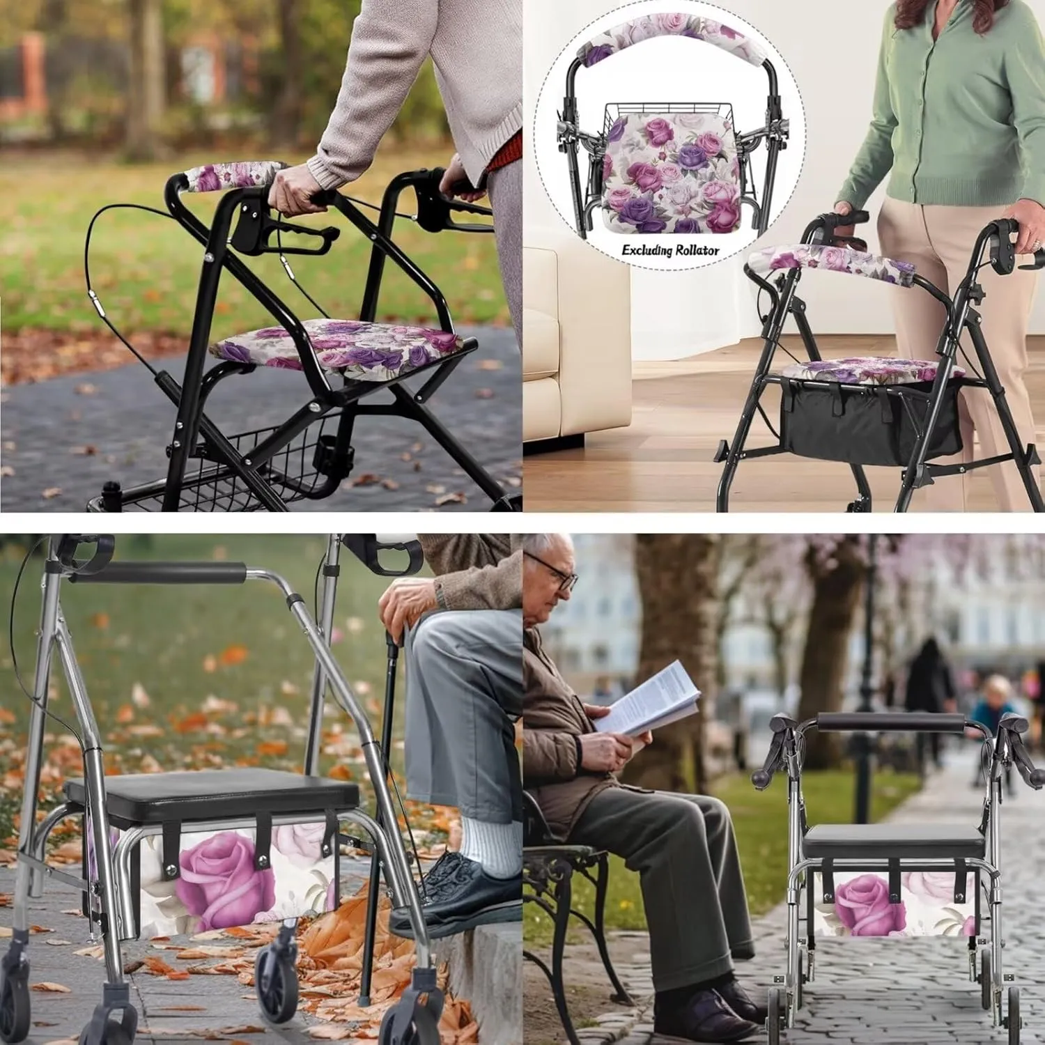 Floral Walker Seat and Back Rest Covers Ideal Gifts for Seniors in Assisted Living Large Capacity Walker Basket Walker Bag Never Tipping Over The Walker (3 Pieces Set)