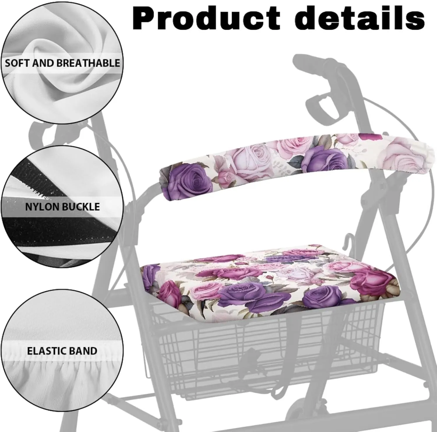 Floral Walker Seat and Back Rest Covers Ideal Gifts for Seniors in Assisted Living Large Capacity Walker Basket Walker Bag Never Tipping Over The Walker (3 Pieces Set)