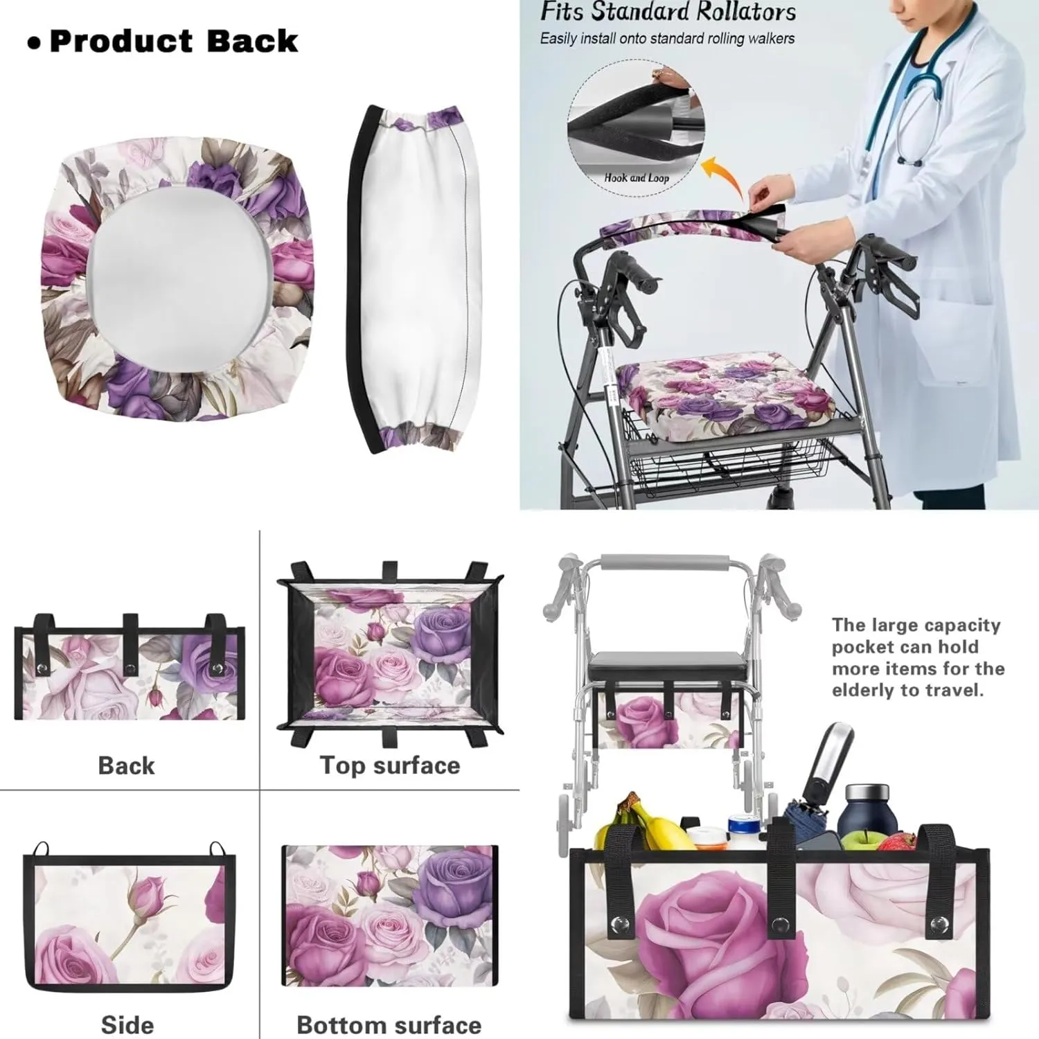 Floral Walker Seat and Back Rest Covers Ideal Gifts for Seniors in Assisted Living Large Capacity Walker Basket Walker Bag Never Tipping Over The Walker (3 Pieces Set)