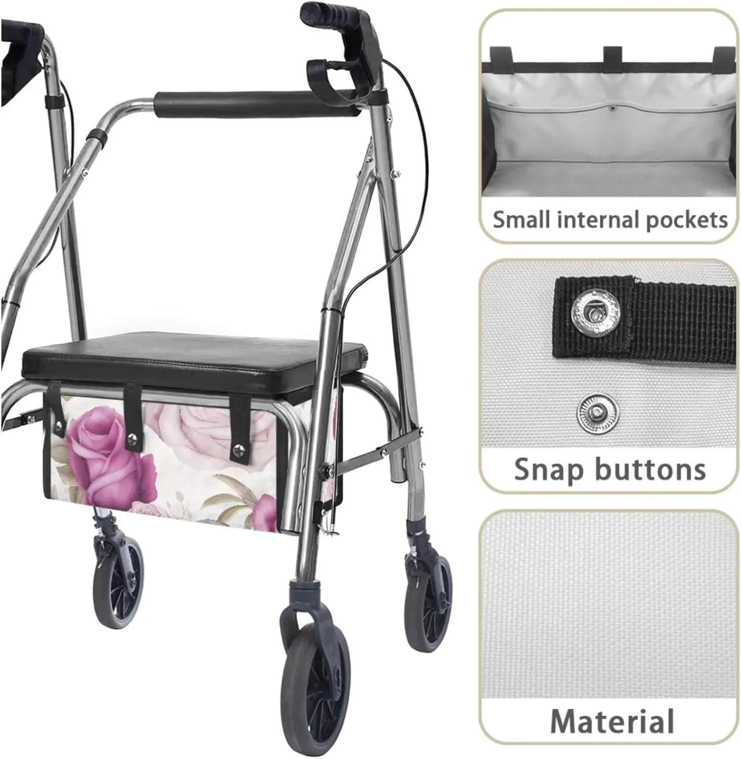 Floral Walker Seat and Back Rest Covers Ideal Gifts for Seniors in Assisted Living Large Capacity Walker Basket Walker Bag Never Tipping Over The Walker (3 Pieces Set)