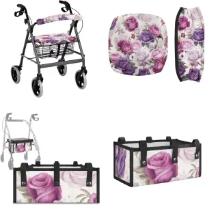 Floral Walker Seat and Back Rest Covers Ideal Gifts for Seniors in Assisted Living Large Capacity Walker Basket Walker Bag Never Tipping Over The Walker (3 Pieces Set)