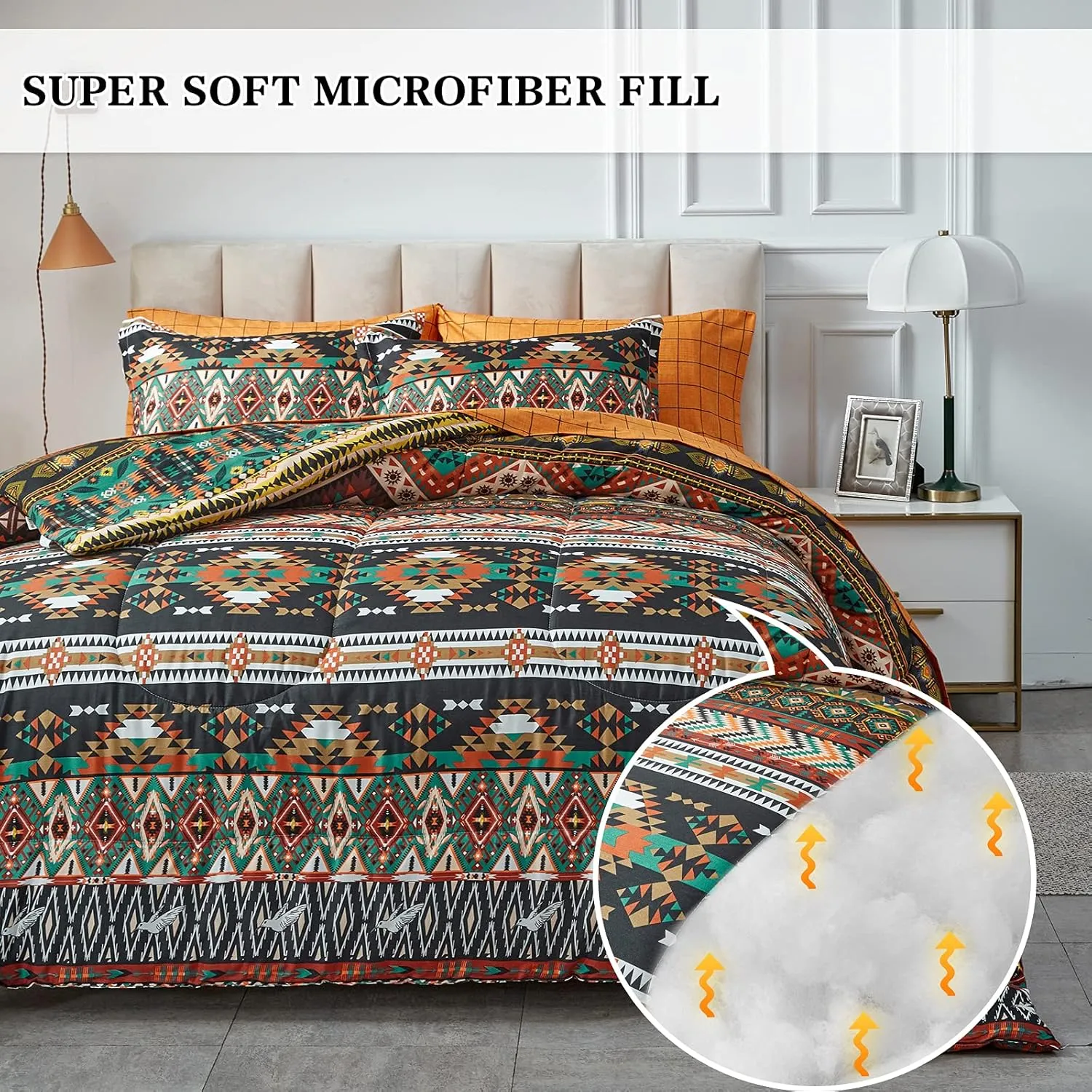 Flysheep 7 Pieces Boho Bed in a Bag Queen Size, Southwestern Bohemian Tribal Striped Printed, Reversible Bed Comforter Set (1 Comforter, 1 Flat Sheet, 1 Fitted Sheet, 2 Pillow Shams, 2 Pillowcases)