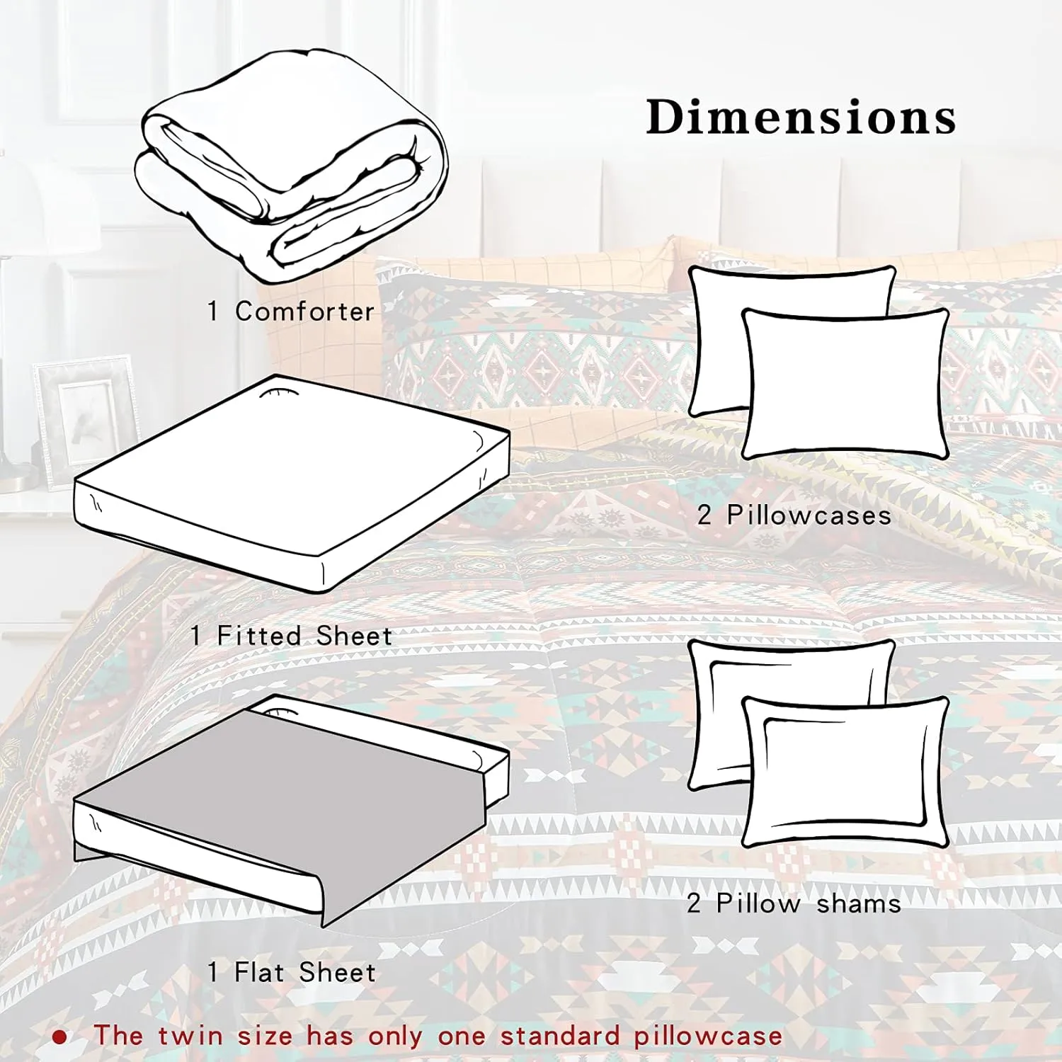 Flysheep 7 Pieces Boho Bed in a Bag Queen Size, Southwestern Bohemian Tribal Striped Printed, Reversible Bed Comforter Set (1 Comforter, 1 Flat Sheet, 1 Fitted Sheet, 2 Pillow Shams, 2 Pillowcases)