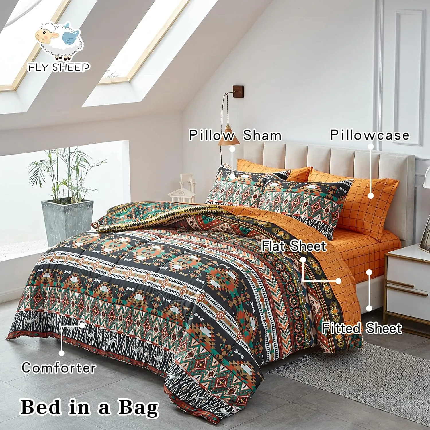Flysheep 7 Pieces Boho Bed in a Bag Queen Size, Southwestern Bohemian Tribal Striped Printed, Reversible Bed Comforter Set (1 Comforter, 1 Flat Sheet, 1 Fitted Sheet, 2 Pillow Shams, 2 Pillowcases)
