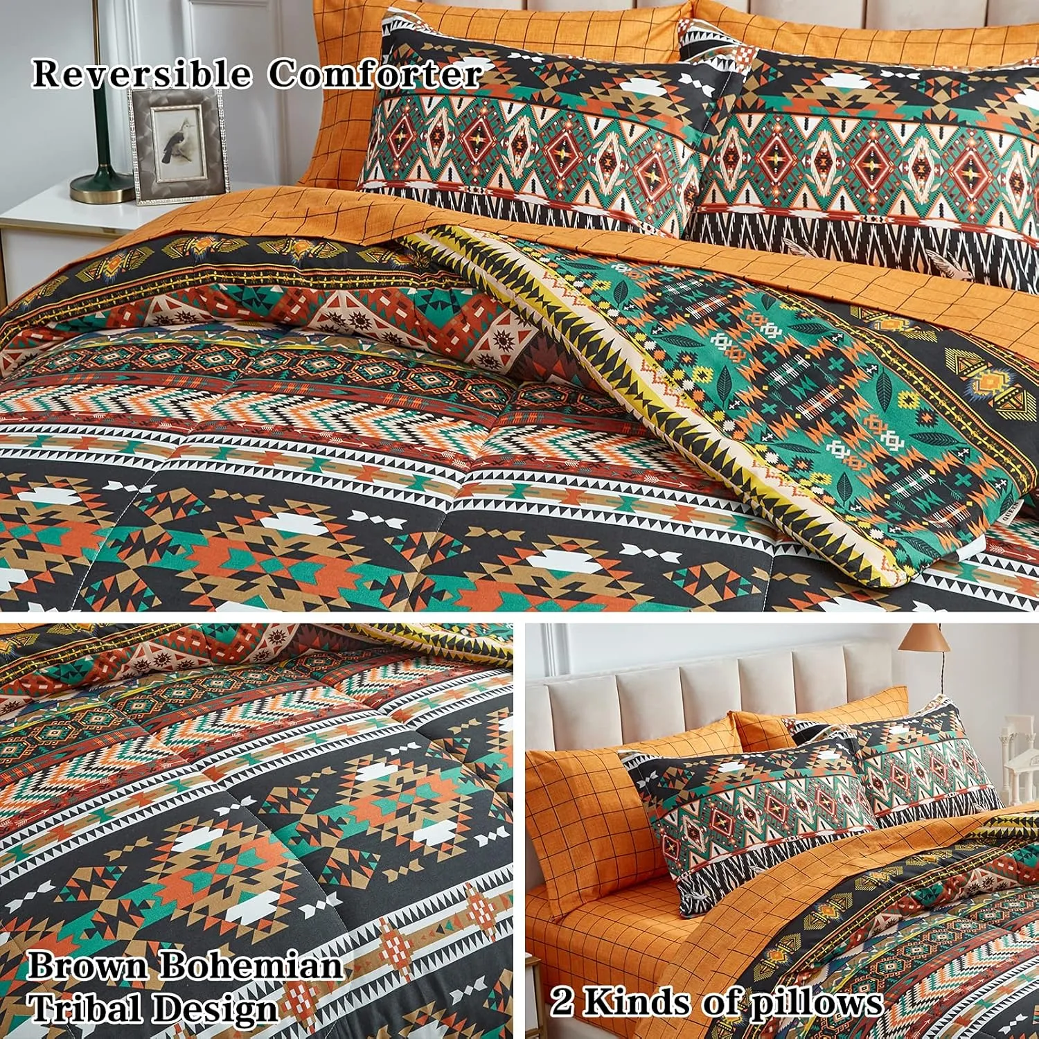 Flysheep 7 Pieces Boho Bed in a Bag Queen Size, Southwestern Bohemian Tribal Striped Printed, Reversible Bed Comforter Set (1 Comforter, 1 Flat Sheet, 1 Fitted Sheet, 2 Pillow Shams, 2 Pillowcases)