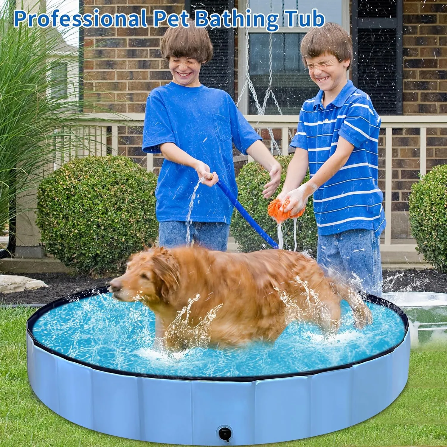 Foldable Dog Pool, Hard Plastic Kiddie Pool for Toddlers 1-3, 64" Blue Pet Bathing Tub, Swimming Pool for Kids, Foldable Kids Pool for Backyard, Play Pool for Kids, Doggie, Kitty