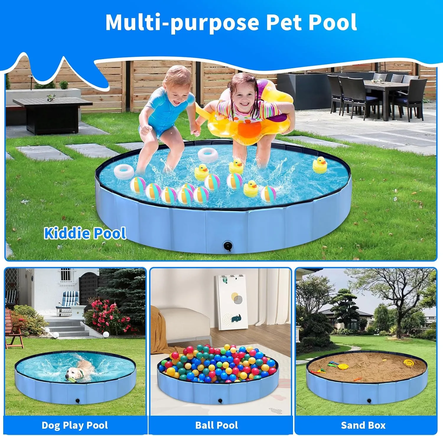 Foldable Dog Pool, Hard Plastic Kiddie Pool for Toddlers 1-3, 64" Blue Pet Bathing Tub, Swimming Pool for Kids, Foldable Kids Pool for Backyard, Play Pool for Kids, Doggie, Kitty