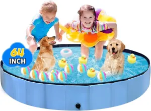 Foldable Dog Pool, Hard Plastic Kiddie Pool for Toddlers 1-3, 64" Blue Pet Bathing Tub, Swimming Pool for Kids, Foldable Kids Pool for Backyard, Play Pool for Kids, Doggie, Kitty
