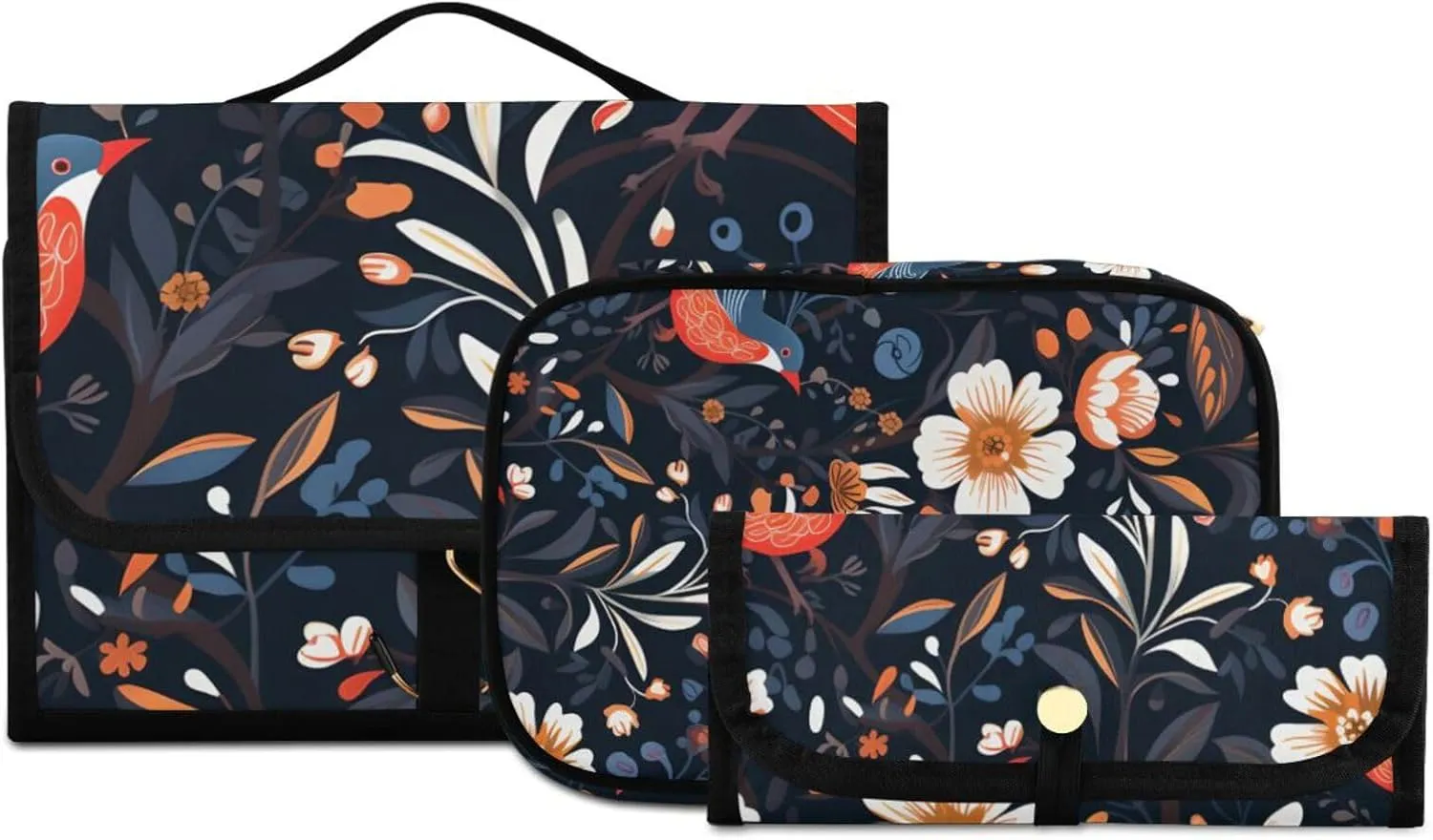 Foldable Hanging Travel Toiletry Organizer Set 3-Piece with Cosmetic Bag & Brush Holder - Chinese Painting Bird (7)